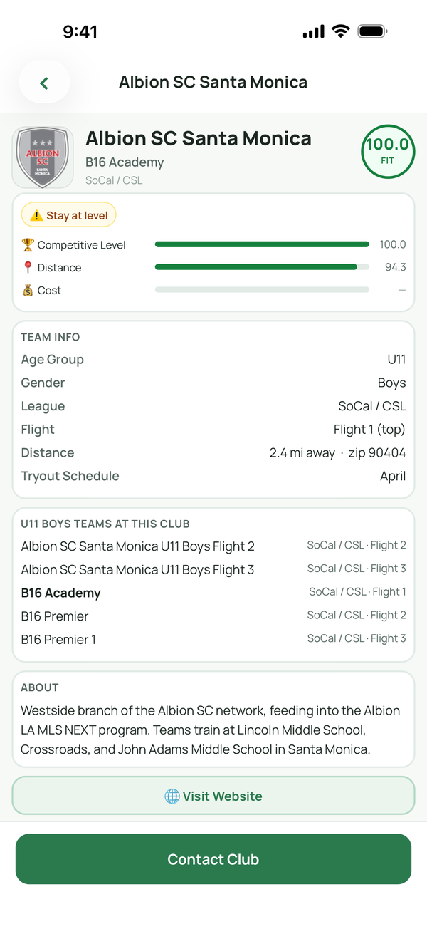 HomeTeam app club detail screen showing the fit score breakdown, team info and tryout timing